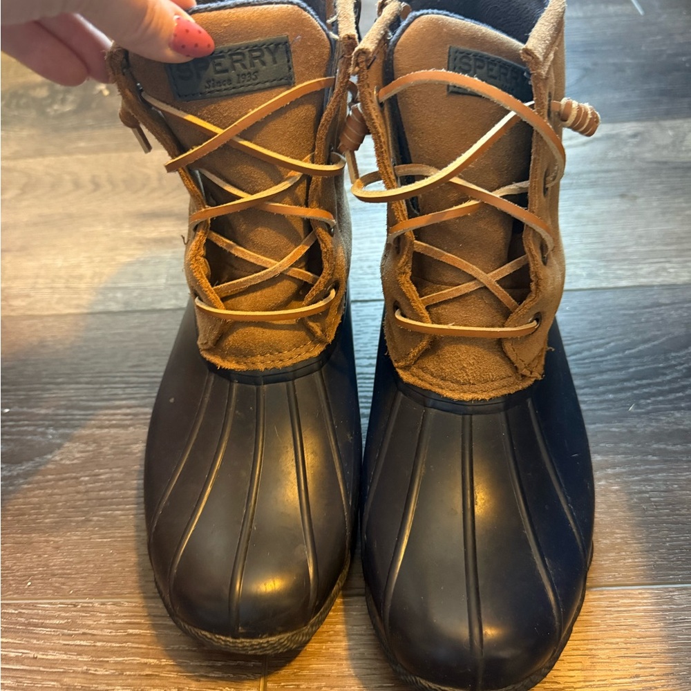 Sperry Tan and Black Duck Boots